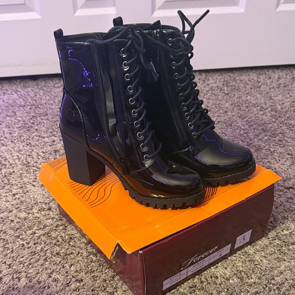 Patent Leather Black Lace-Up Boots